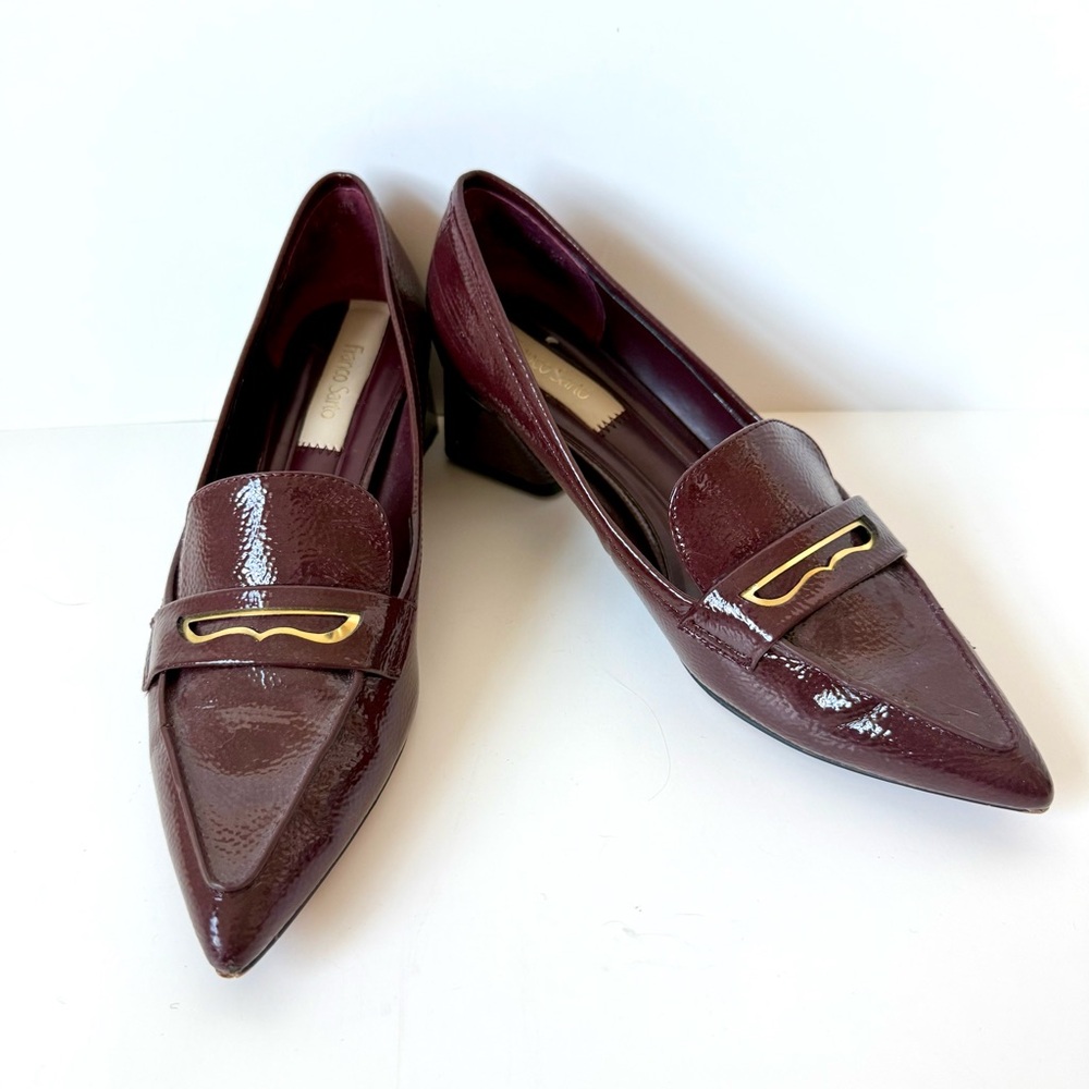 FRANCO SARTO Remi Burgundy Patent Loafer Block Heel Pumps—SZ. 8